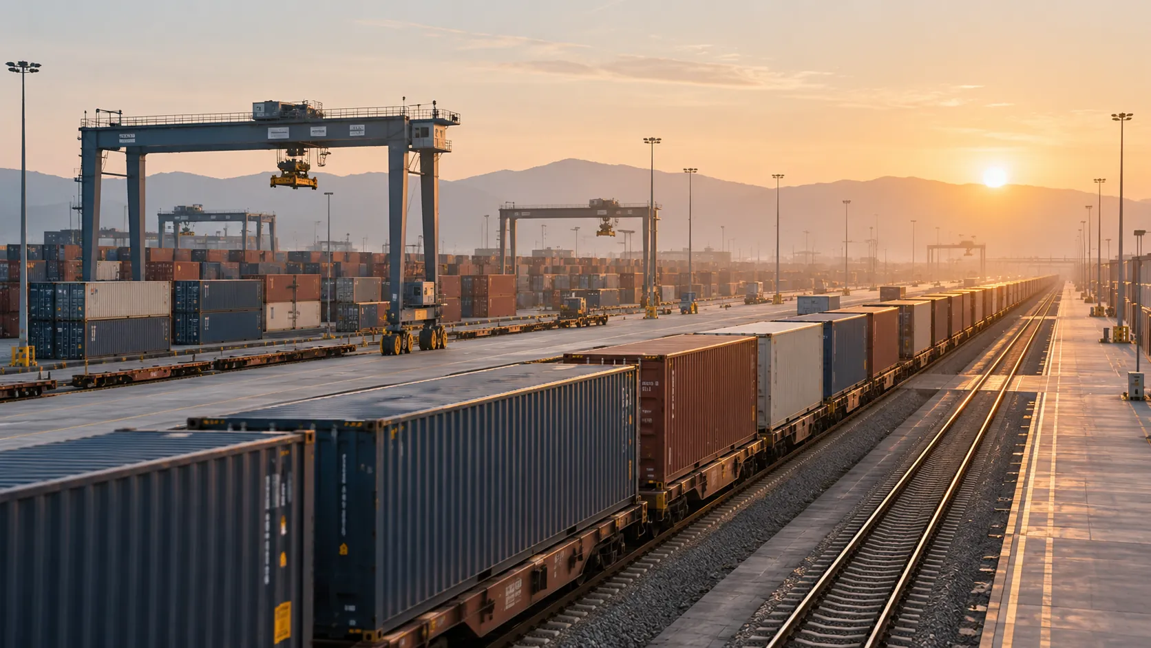 Container rail terminal at sunset